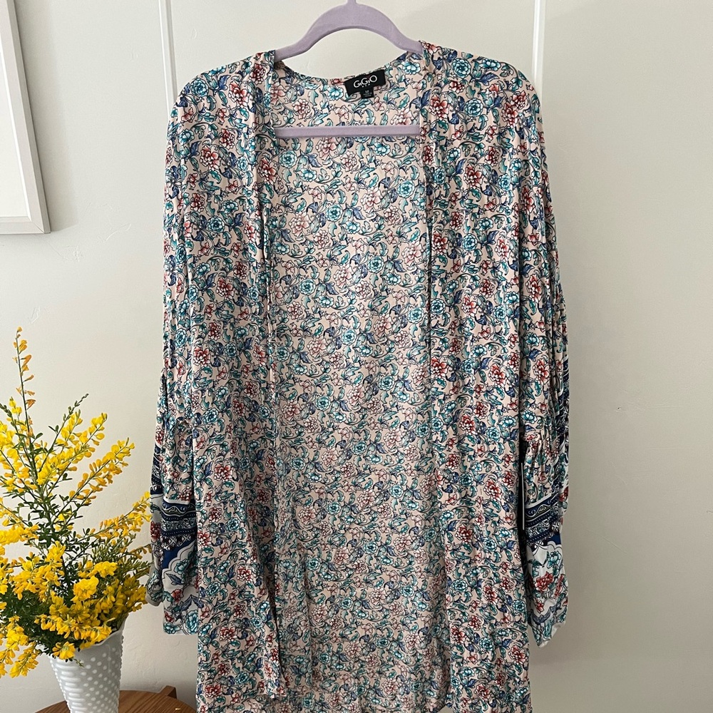 Gigio Kimono Cardigan Large Eclectic Boho Bohemian Floral Flared Sleeves.